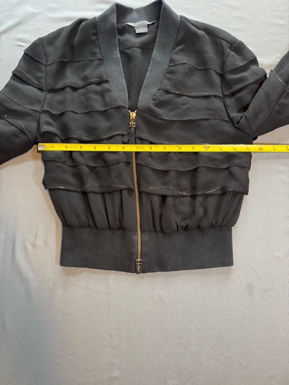 Armani Exchange Black Cropped Ruffle Bomber Jacket with Gold Zipper Size S - Picture 5 of 6